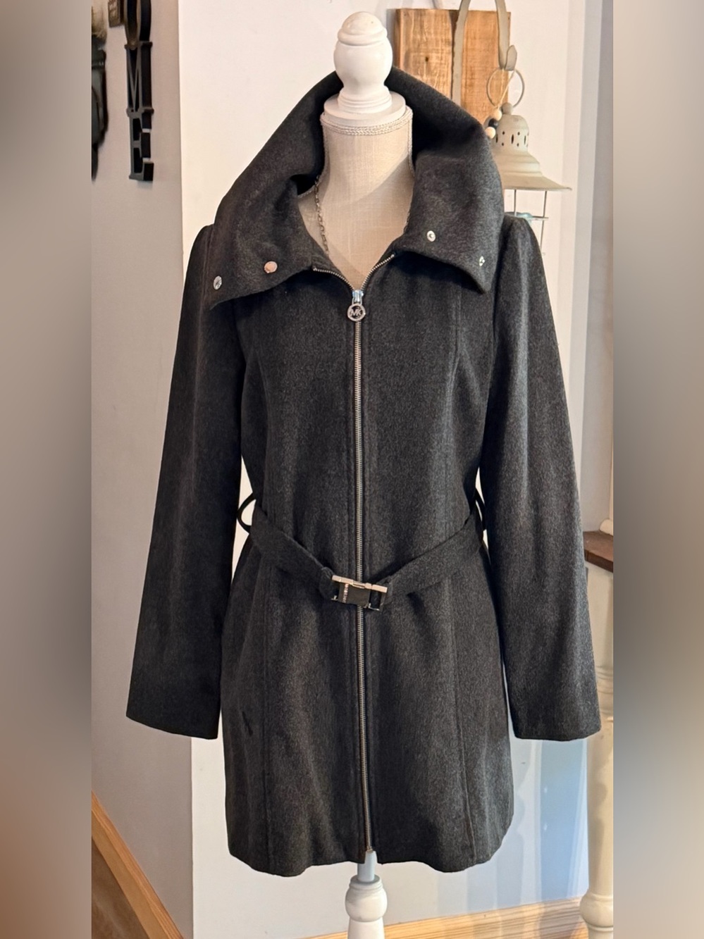 MICHAEL Michael Kors Charcoal Gray Wool Trench Coat with Belt